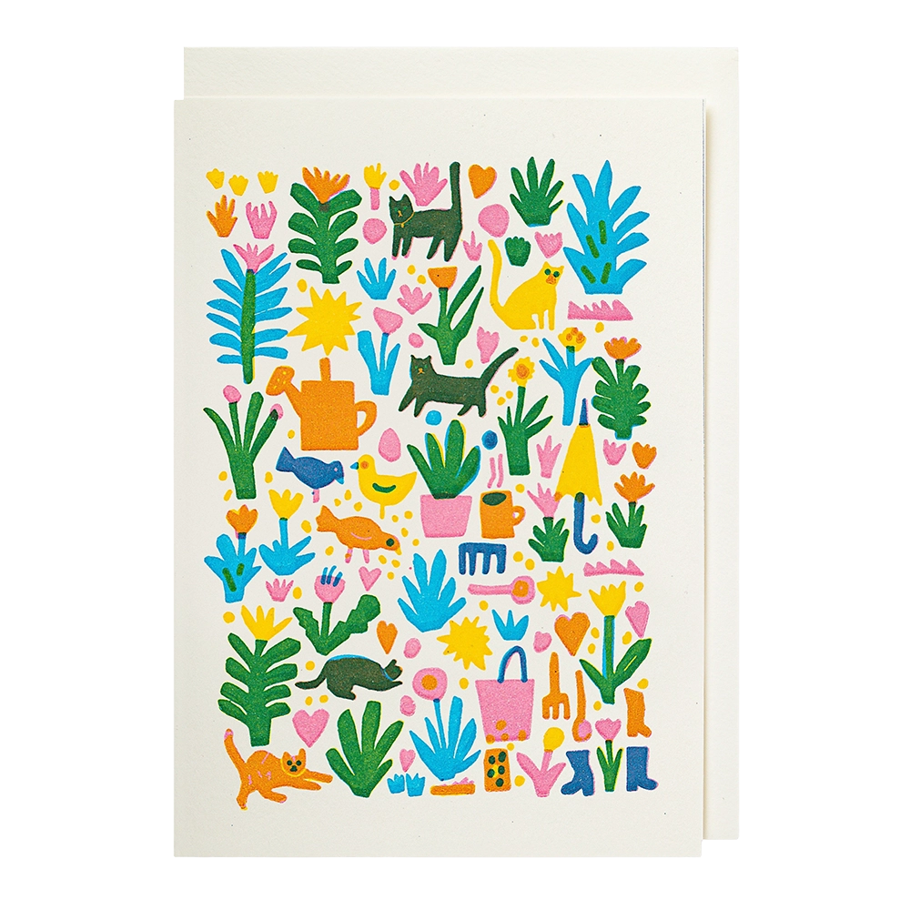 Archivist mini card: cats, plants, watering cans and flowers in bright colours on white