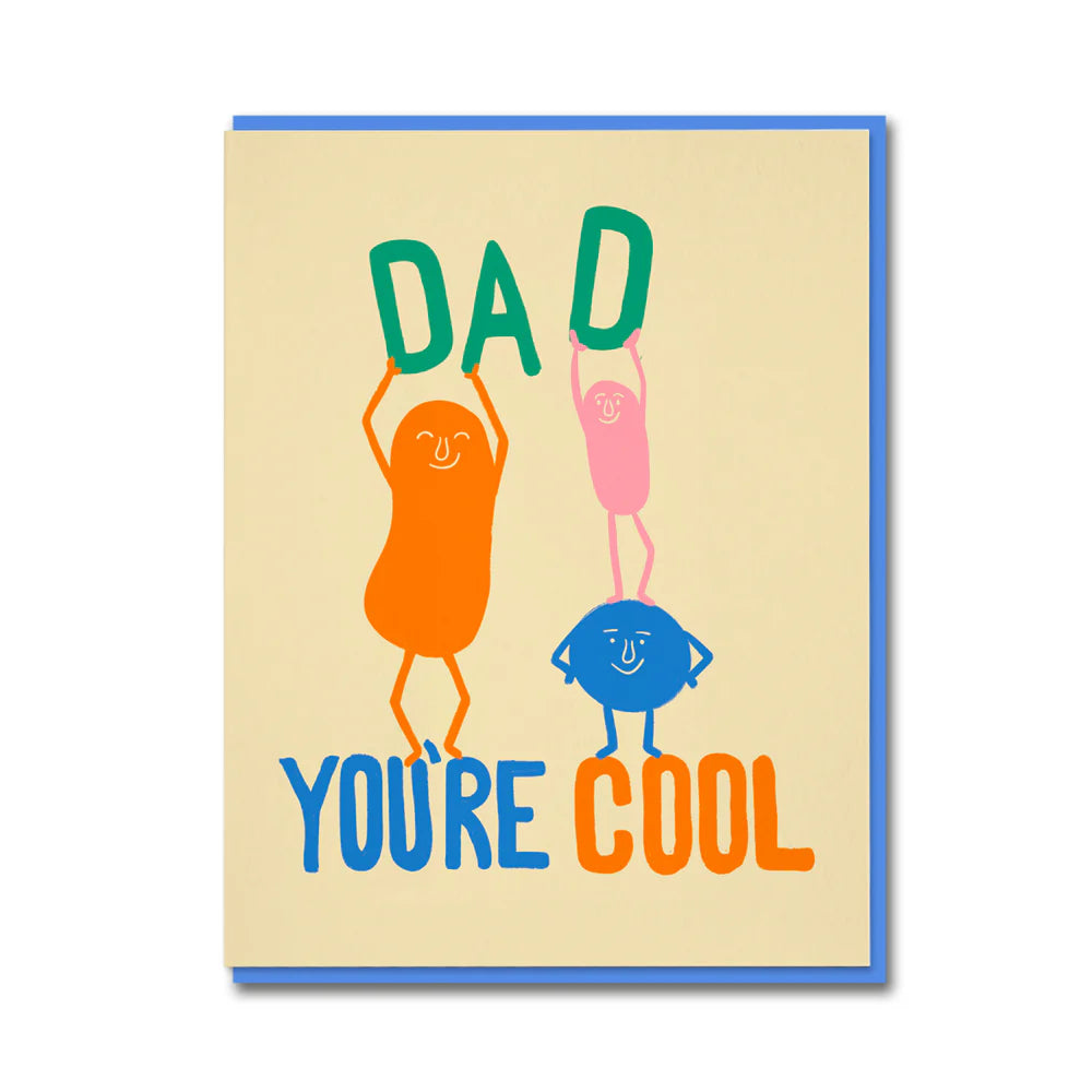 1973 card: two smiling bean characters, with 'Dad you're cool'