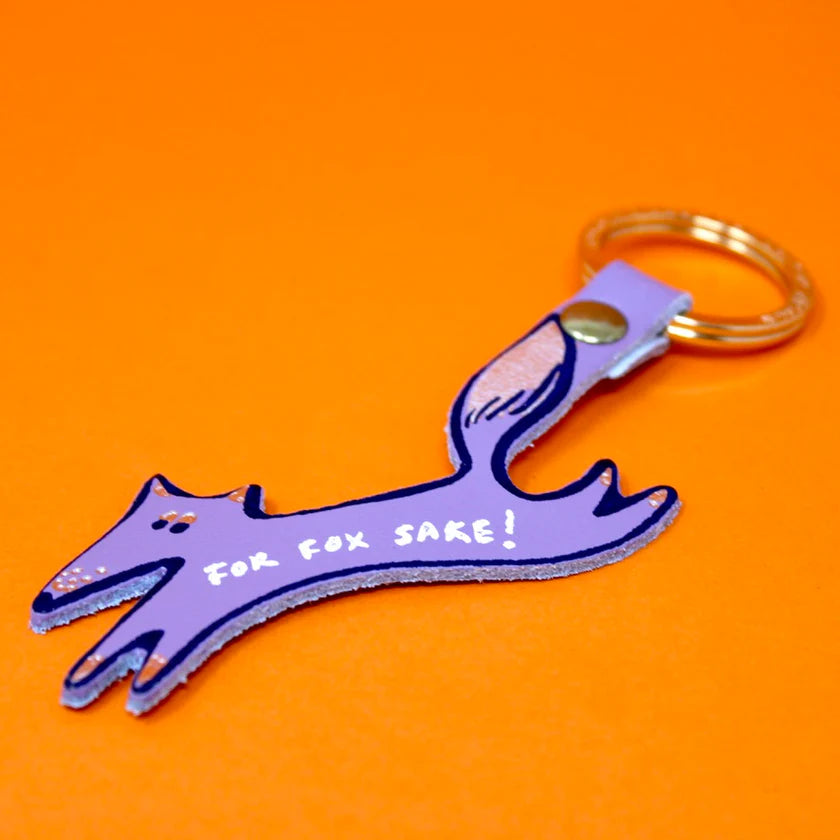 Ark purple leather fox key ring reading 'For fox sake!'