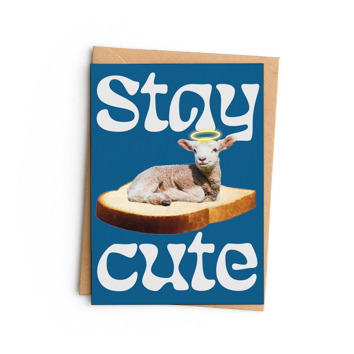 Blue card with a lamb on a slice of bread: Stay cute