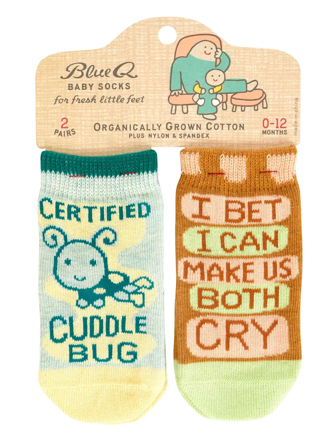 Blue Q baby socks, two pairs: 'Certified cuddle bug' and 'I bet I can make us both cry'