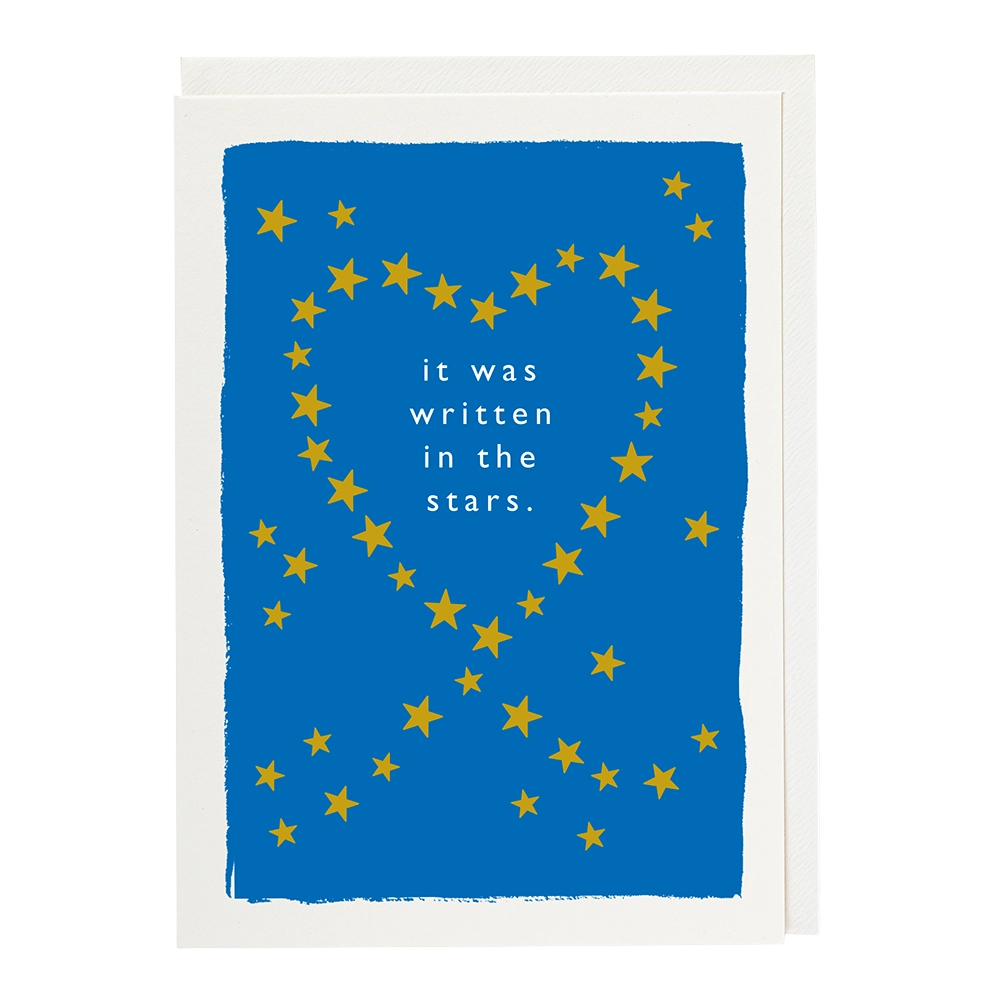 Blue card with gold stars making a heart: it was written in the stars.