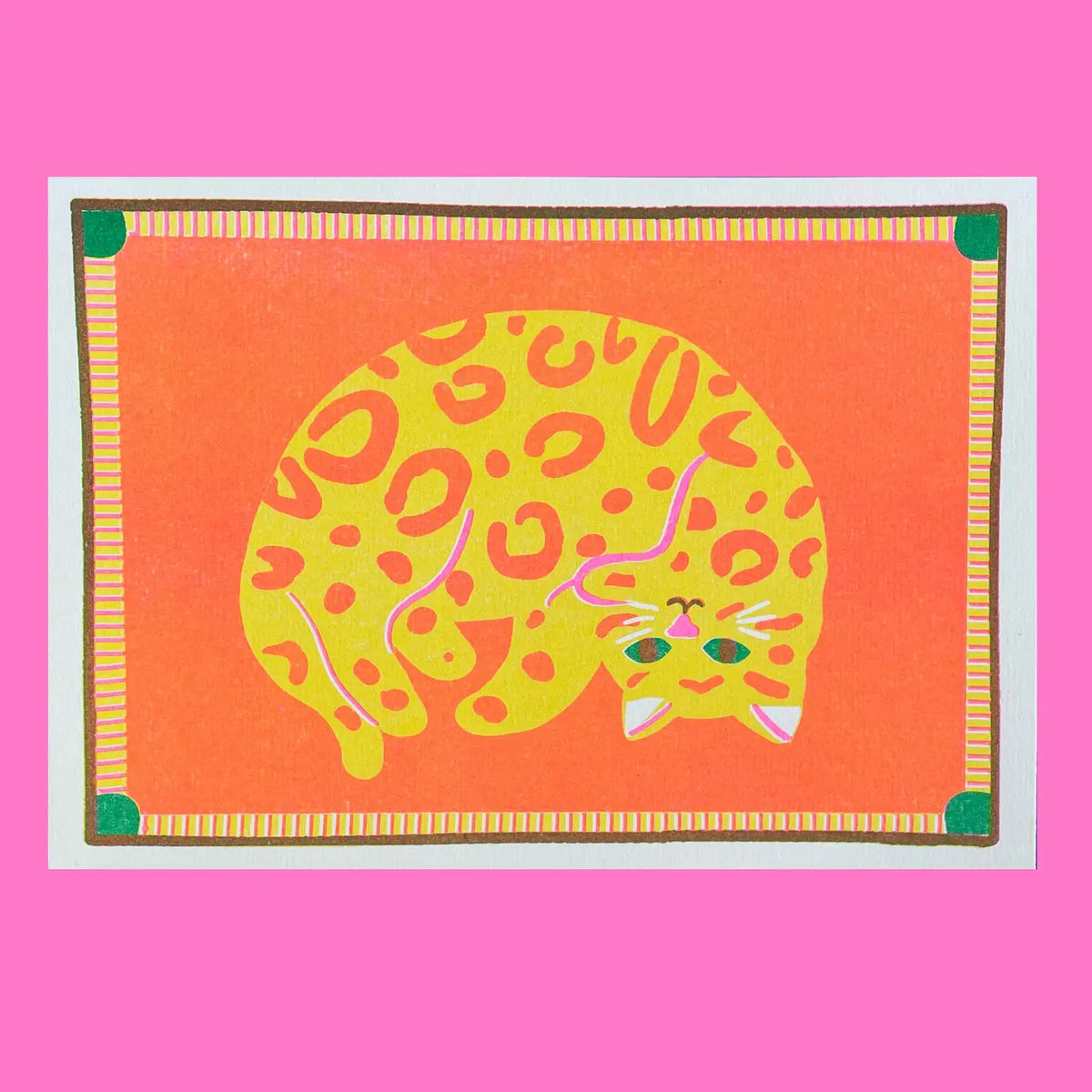 Naomi Wilkinson A5 mini print: a curled-up yellow leopard-spotted cat on orange