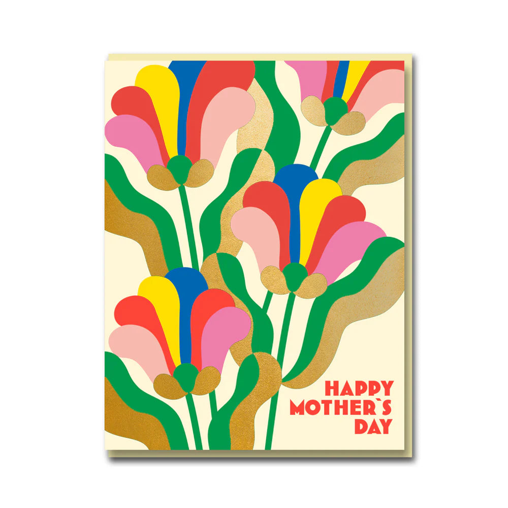 1973 card: stylised tulips in red, pink, blue and gold, with 'Happy Mother's Day'
