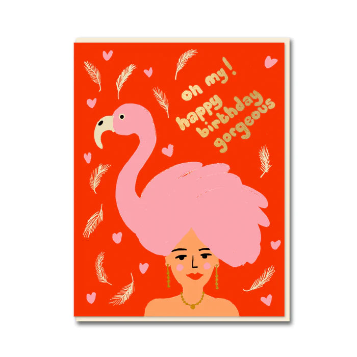 1973 card: a woman whose hair is a pink flamingo, with 'Oh my! Happy birthday gorgeous'