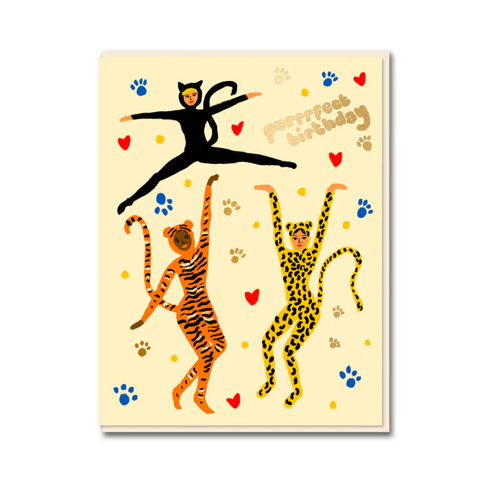 Card with a black cat dancer lifted by a tiger and a leopard: Purrrfect birthday