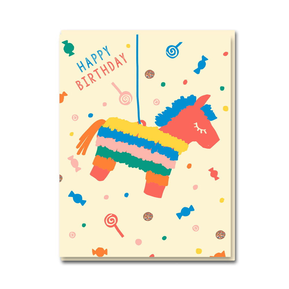 Piñata birthday card shown smaller with its envelope