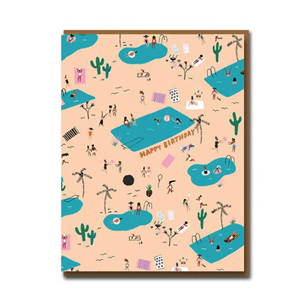 Peach card with people at desert swimming pools among cacti: Happy birthday!