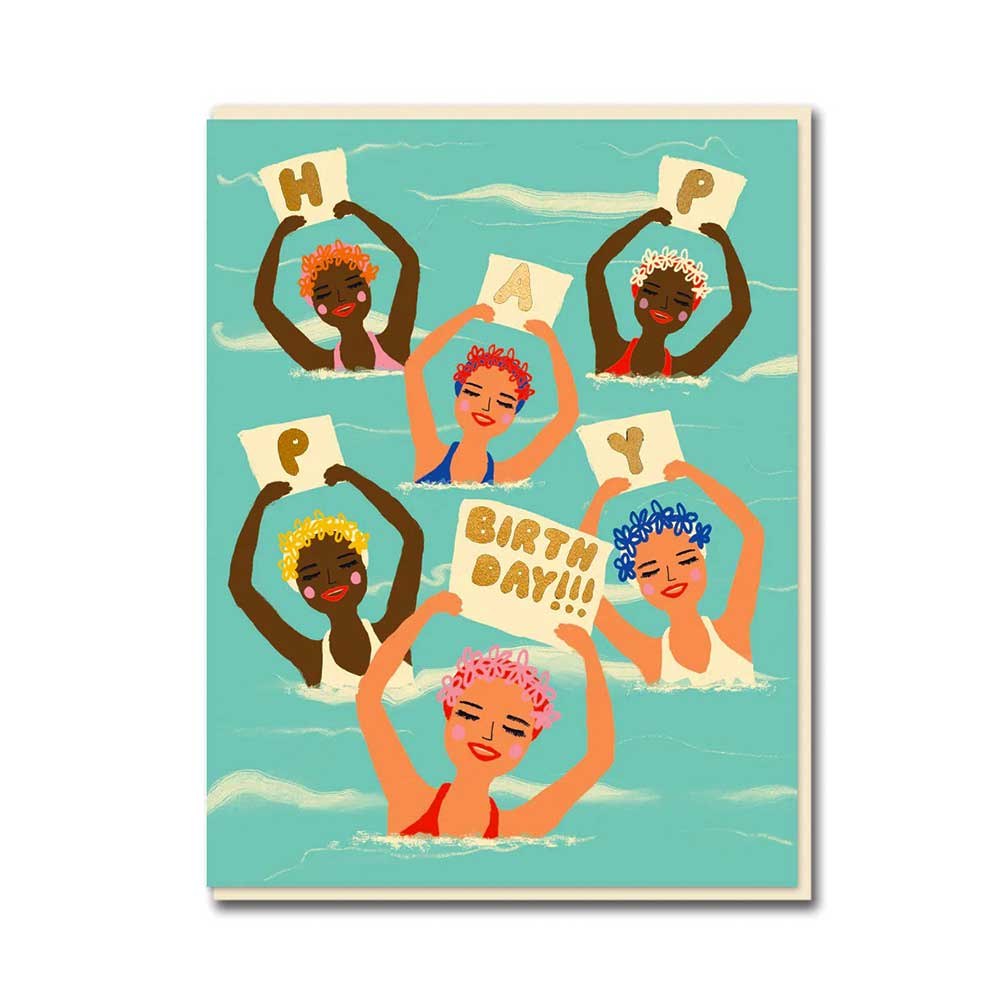 1973 card: synchronised swimmers in swimming caps holding up letters spelling 'Happy birthday!!!'