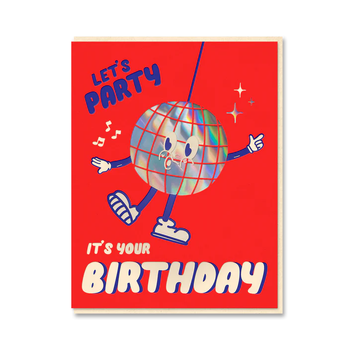 Red card with a disco ball character: Let's party, it's your birthday, with the card on black