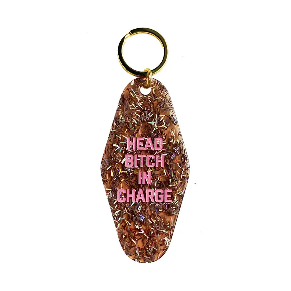 Copper glitter motel-style key tag: Head bitch in charge