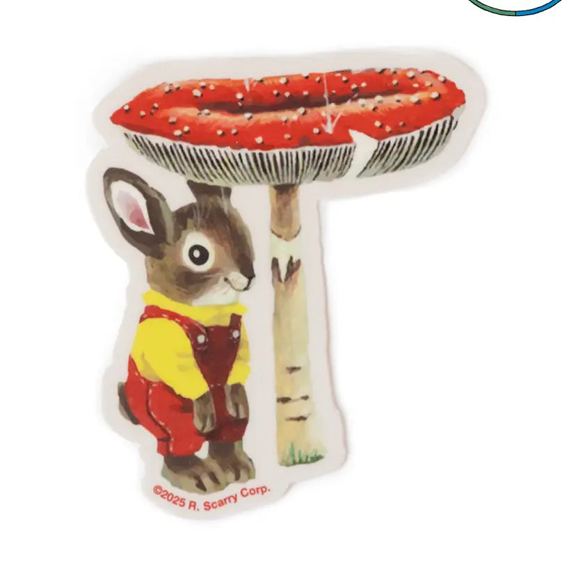 Richard Scarry sticker: a rabbit in red dungarees standing under a red toadstool