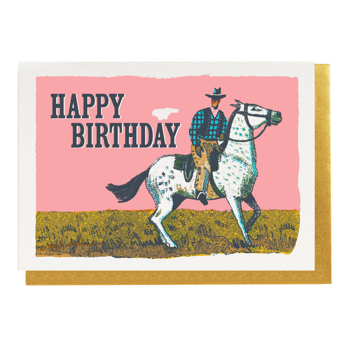 Pink card with a cowboy on a spotted horse: Happy birthday