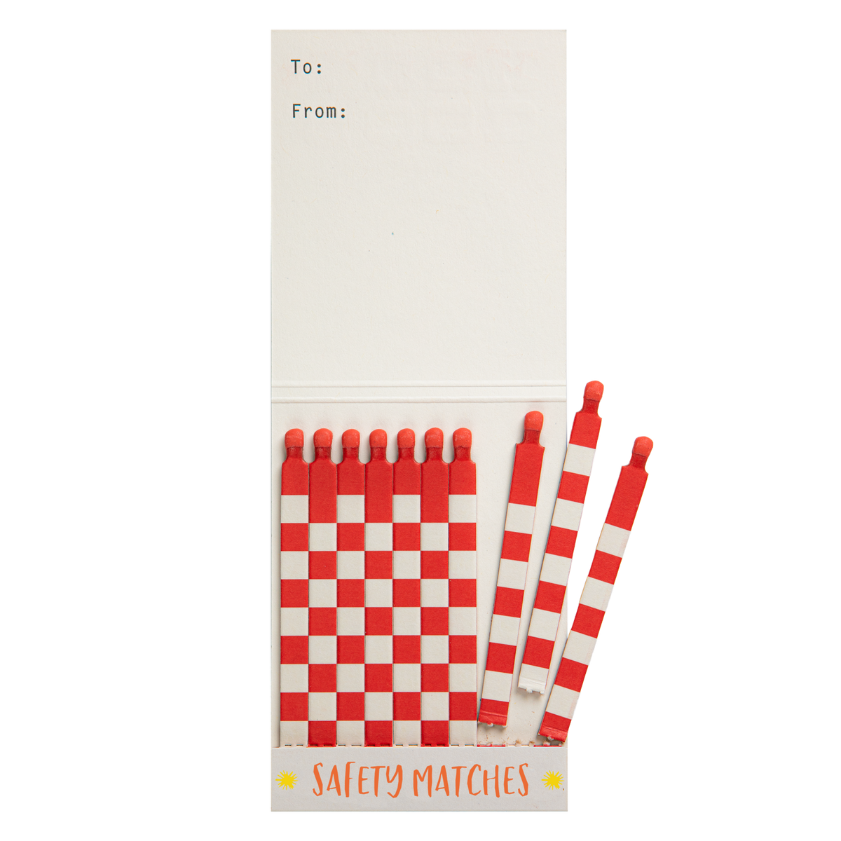 Sun match book open with a few red and white matches pulled out
