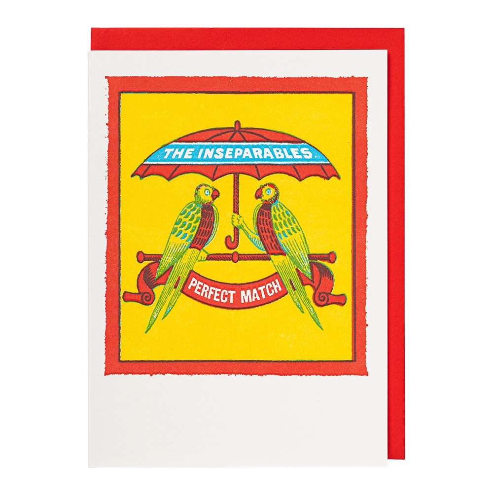 Archivist card: two parrots under an umbrella, with 'The inseparables – perfect match'