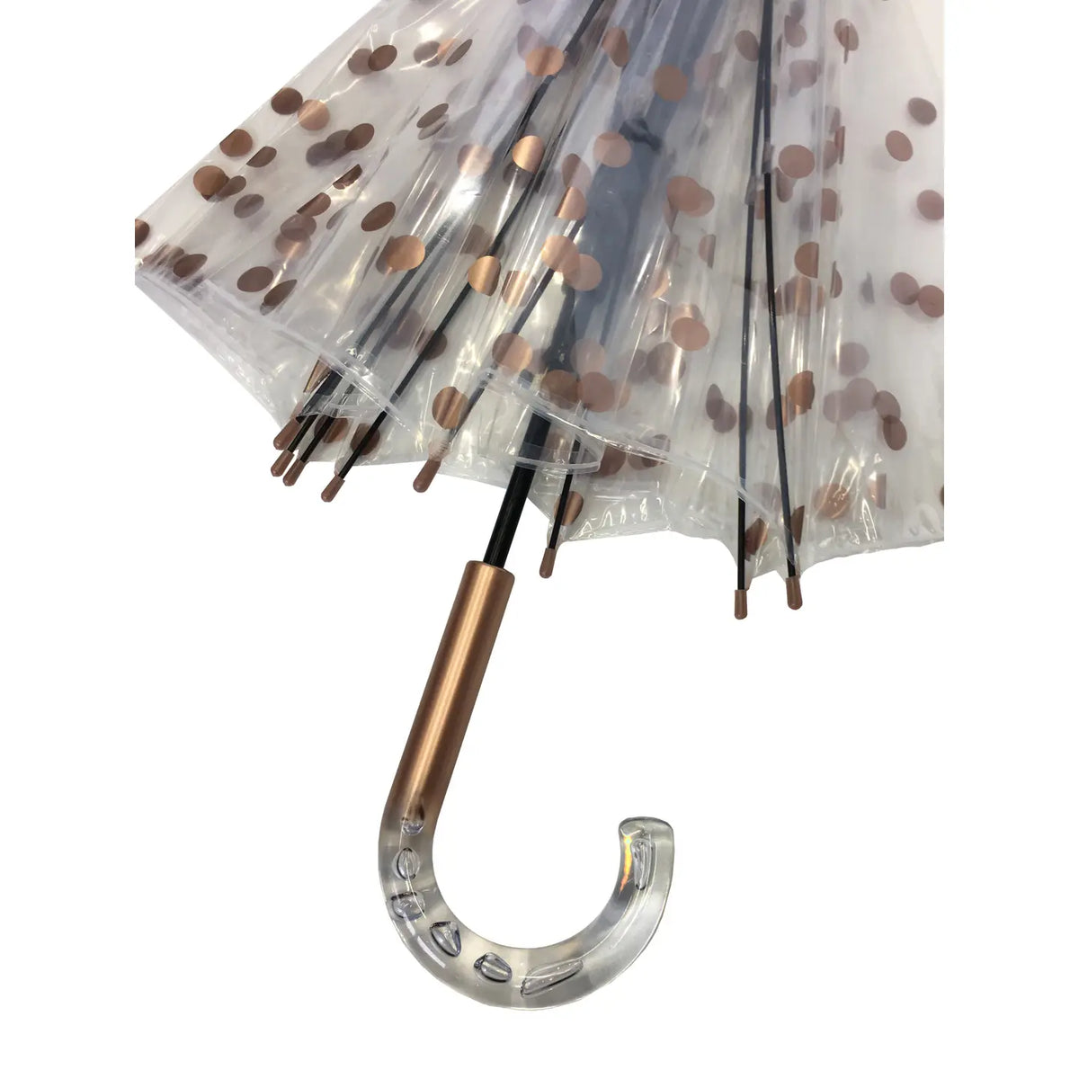 Close-up of the copper dot umbrella's handle and canopy