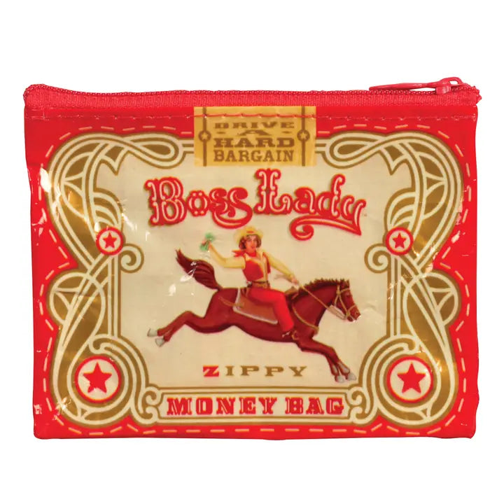 Blue Q coin purse: a woman riding a horse, with 'Boss lady – Zippy money bag'