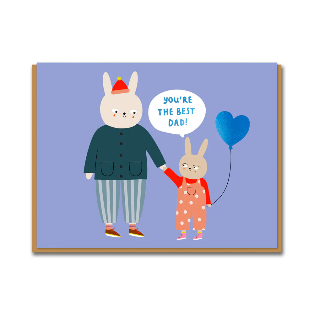 1973 card: a big rabbit holding hands with a small rabbit with a blue heart balloon, saying 'You're the best dad!'