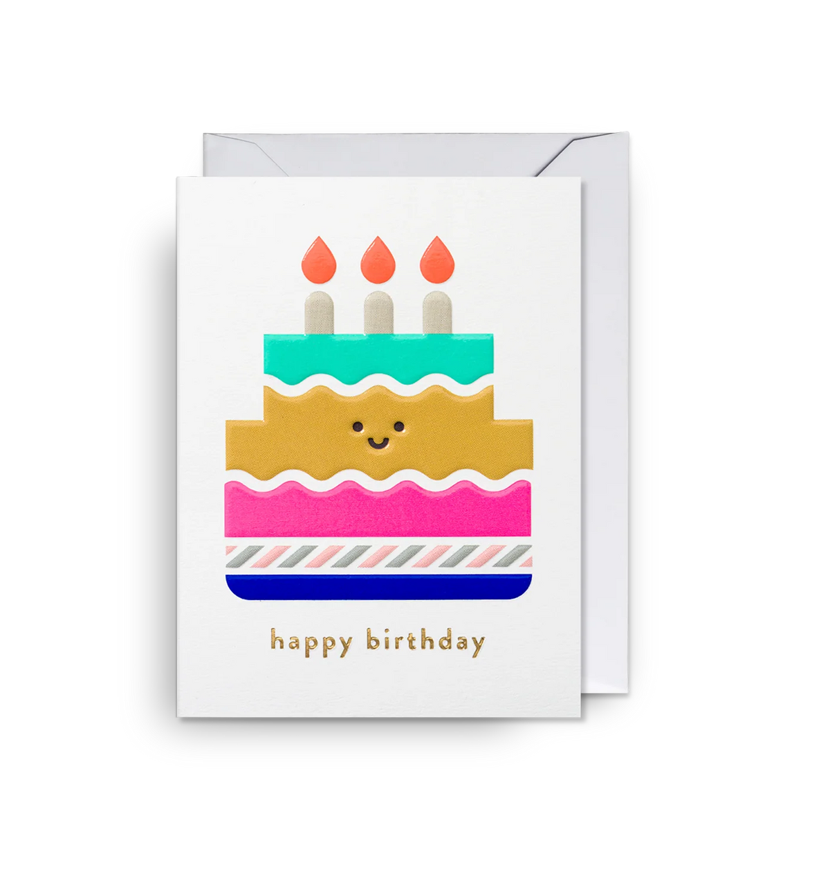 Mini card with a smiling layered birthday cake in teal, gold, pink and blue with three candles: happy birthday
