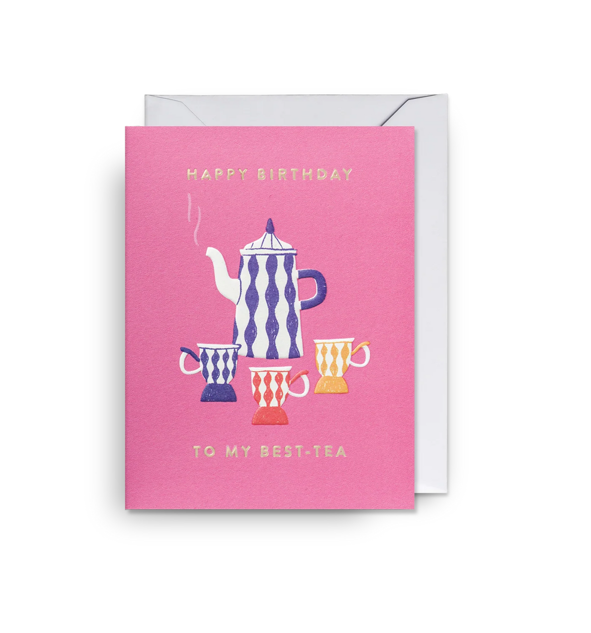Lagom mini card: a patterned teapot and teacups on pink, with 'Happy birthday to my best-tea'