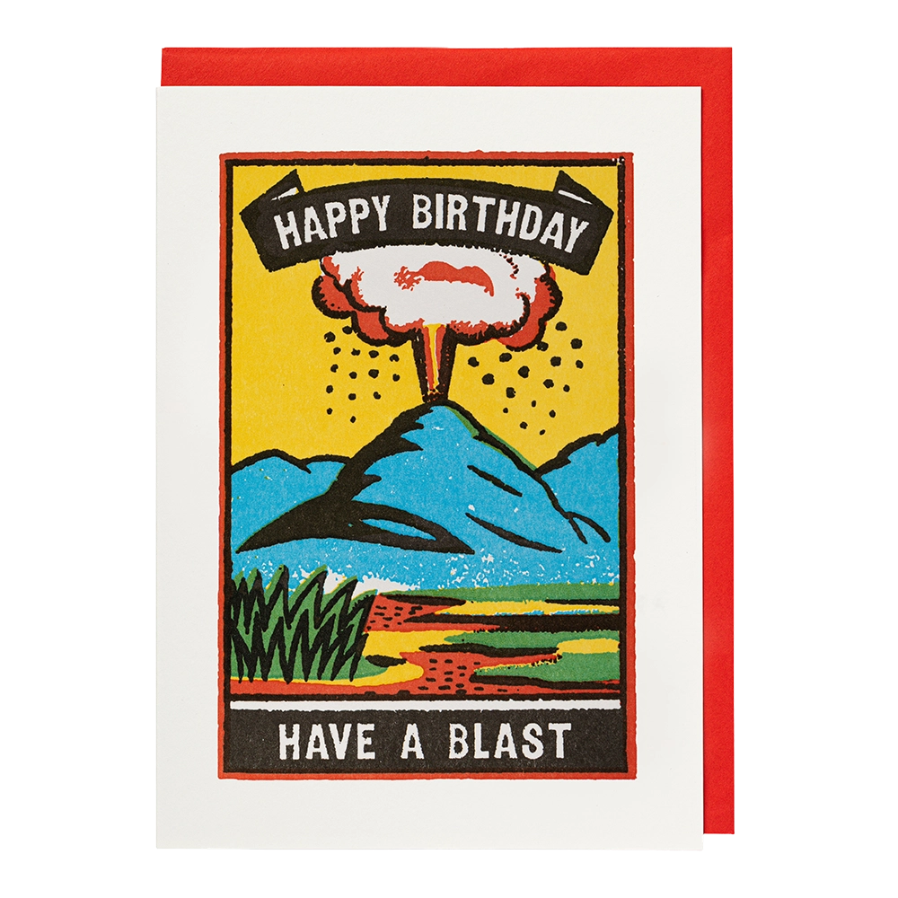 Archivist letterpress card: an erupting volcano with 'Happy birthday' and 'Have a blast'
