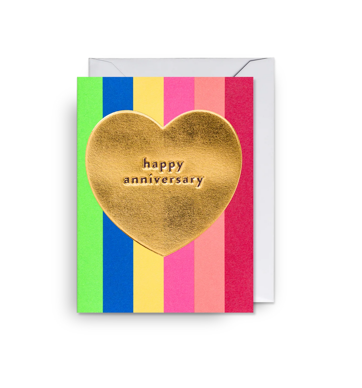 Lagom mini card: a gold heart on rainbow stripes, with 'Happy anniversary'