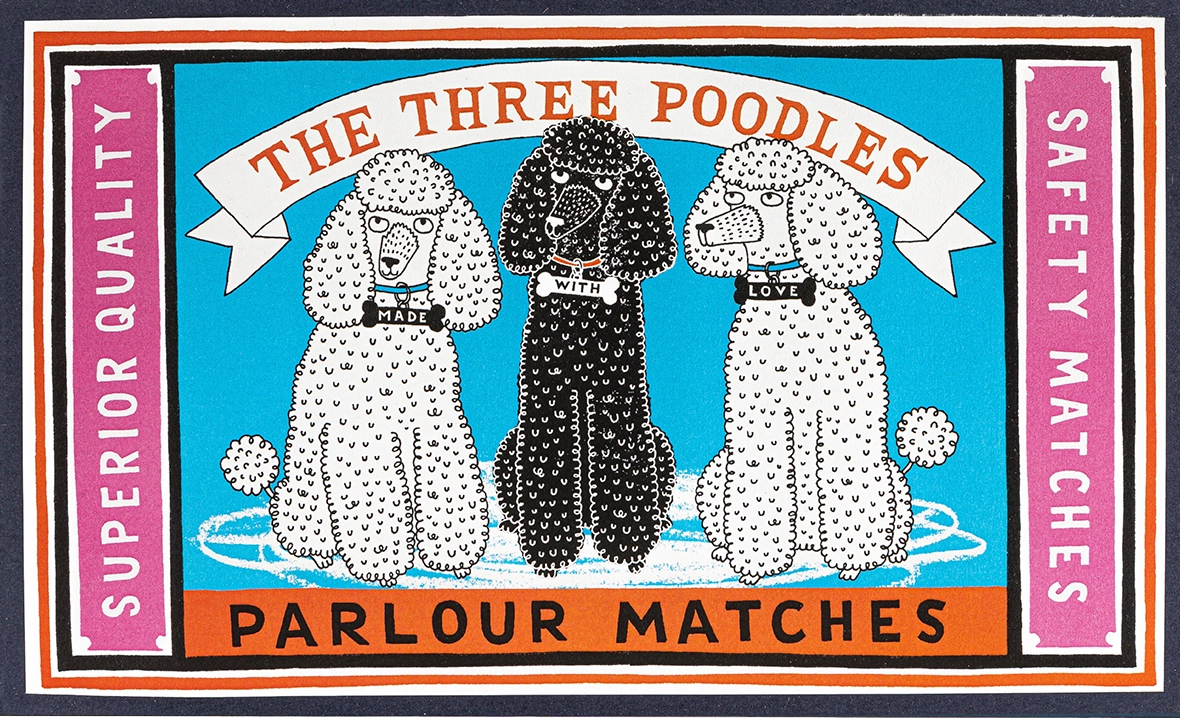 Archivist matchbox: three poodles in black and white, with 'The three poodles parlour matches'