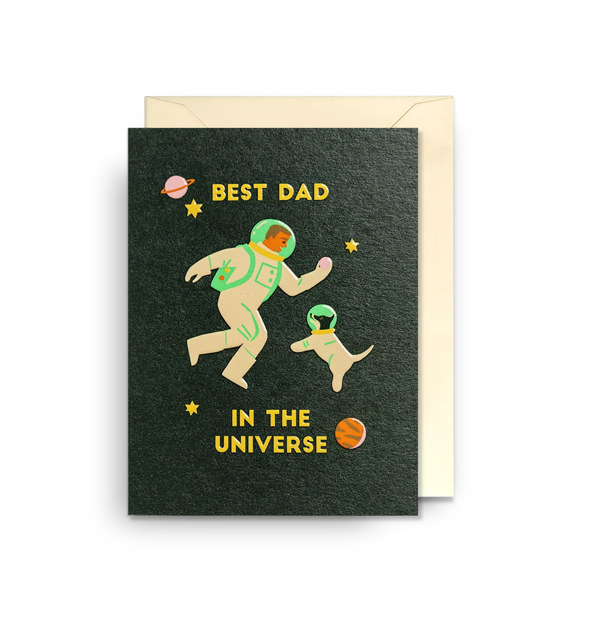 Dark green card with an astronaut and a dog floating in space: Best dad in the universe
