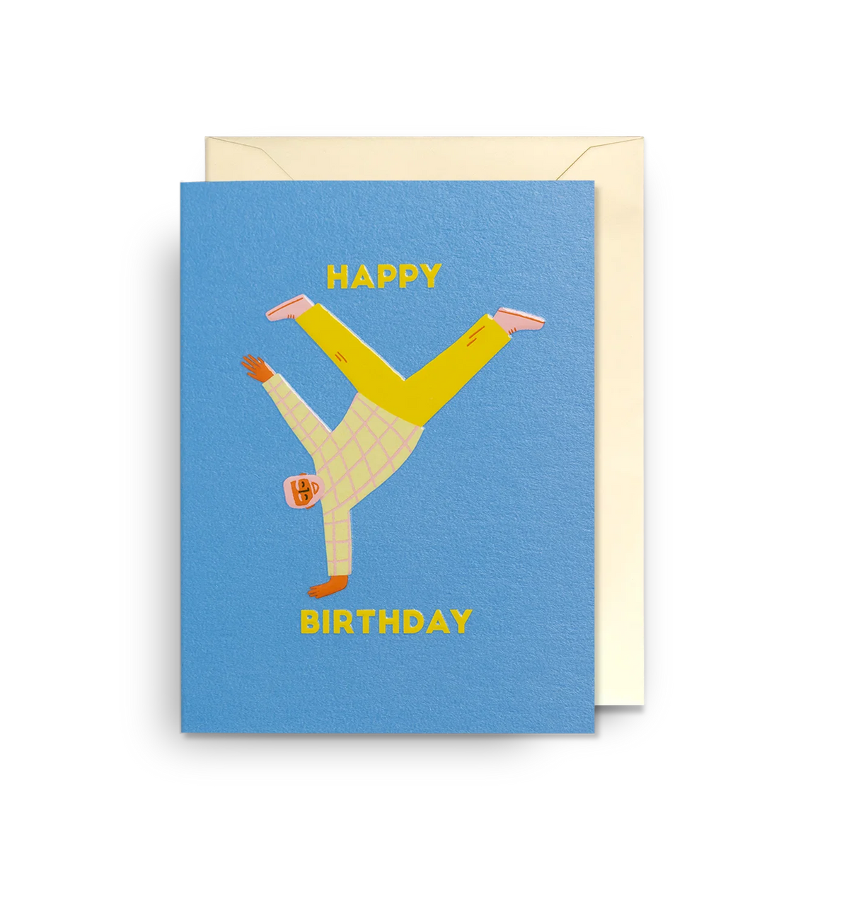 Blue card with a man doing a one-handed handstand: Happy birthday