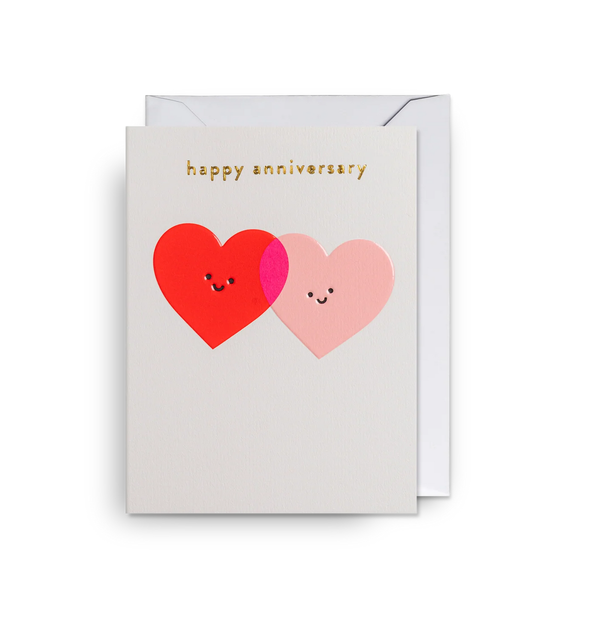 Lagom mini card: two overlapping smiling hearts in red and pink, with gold 'Happy anniversary'