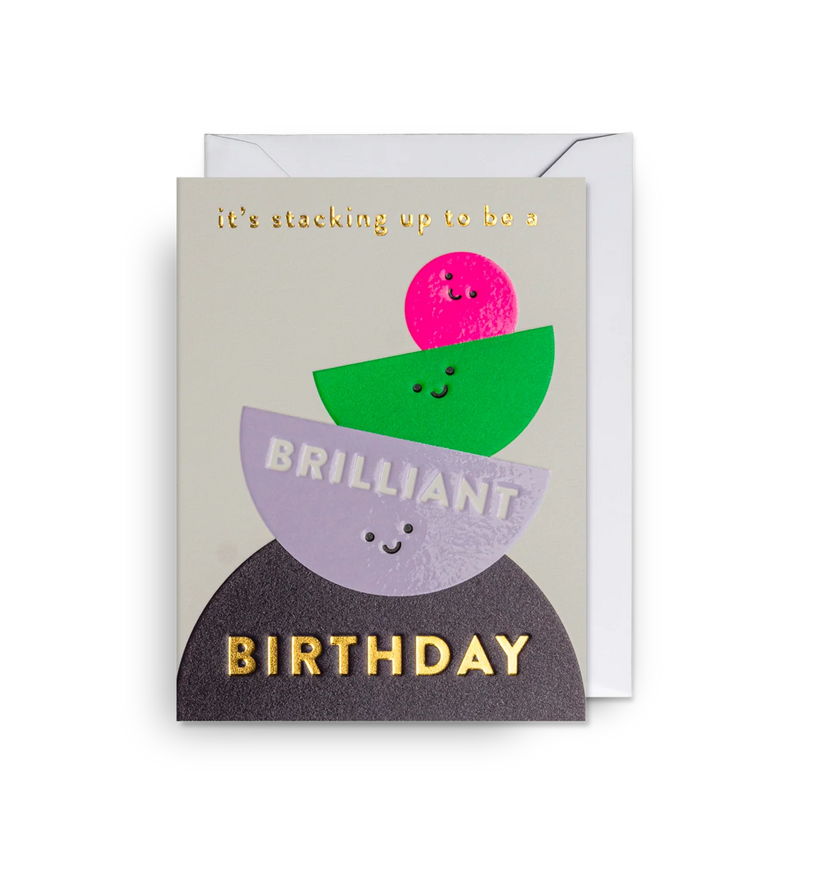 Lagom mini card: a stack of smiling shapes, with 'It's stacking up to be a brilliant birthday'