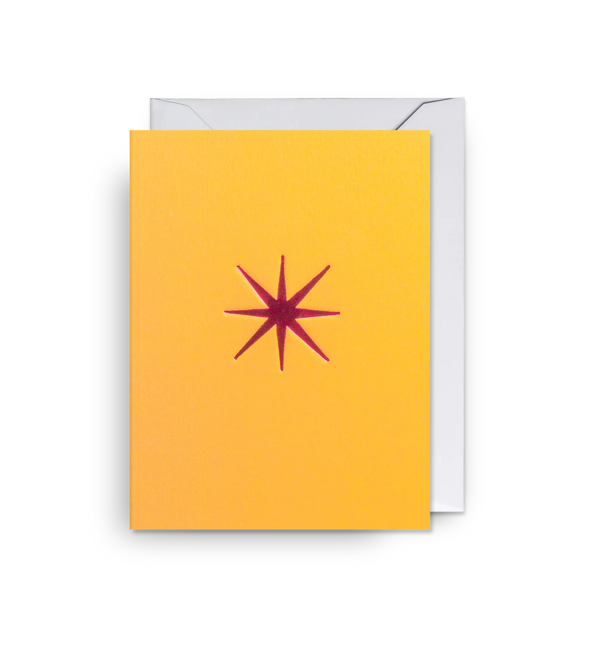 Lagom mini card: a burgundy starburst on orange-yellow