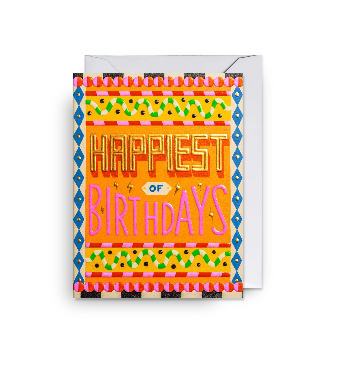 Lagom mini card with bold orange patterned lettering: 'Happiest of birthdays'