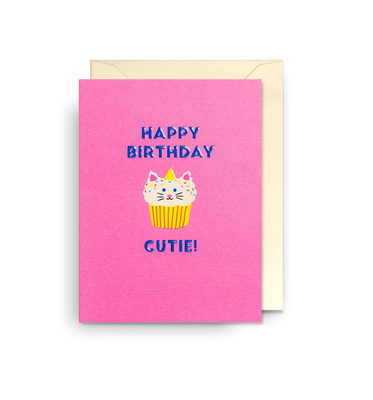 Lagom mini card: a cupcake with cat ears on pink, with 'Happy birthday cutie!'