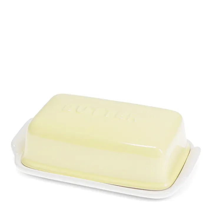 Rex pale yellow ceramic butter dish with a white base