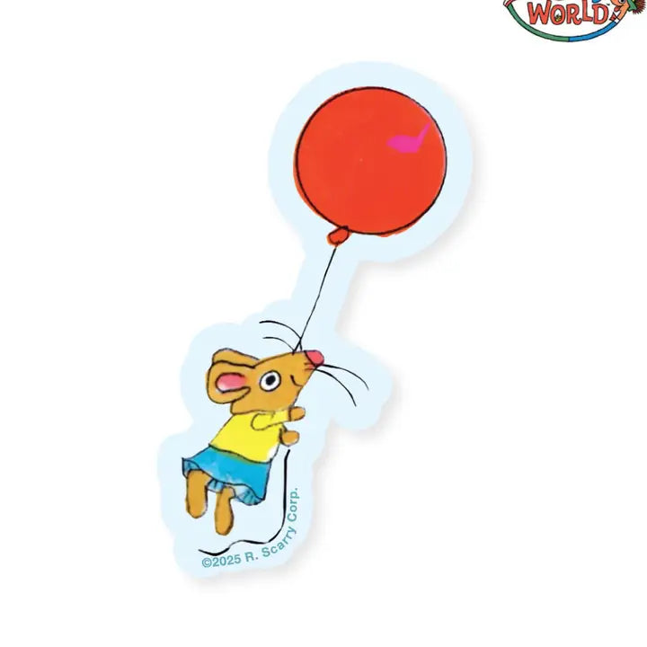 Richard Scarry sticker: a mouse floating with a red balloon