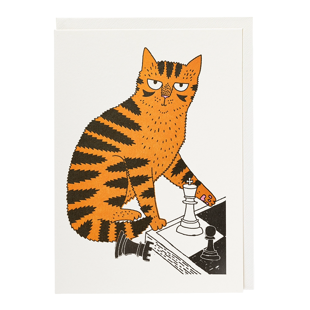Archivist card by Charlotte Farmer: a ginger tabby cat playing chess