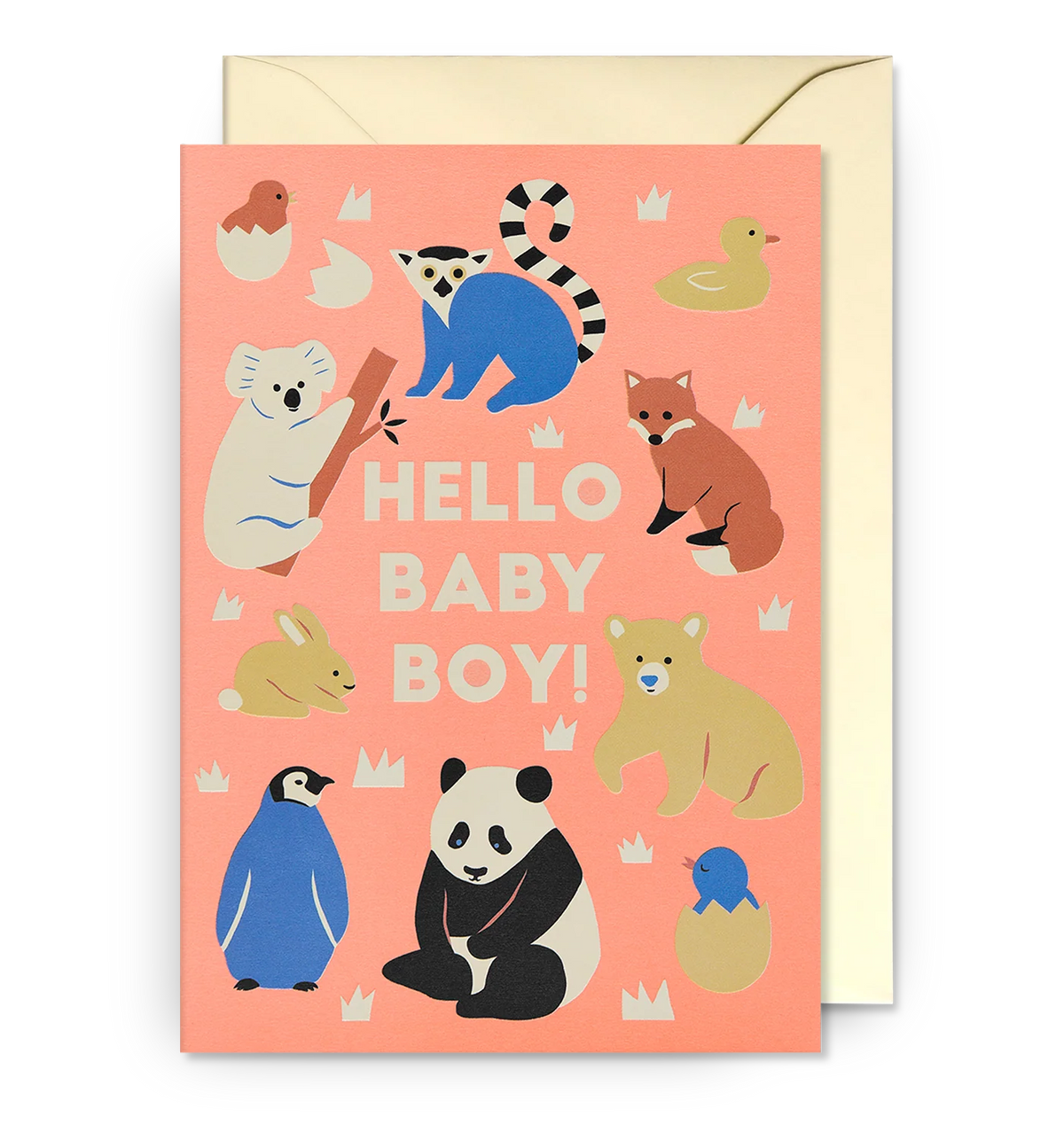 Lagom card: baby animals including a koala, lemur, penguins and a panda, with 'Hello baby boy!' on coral