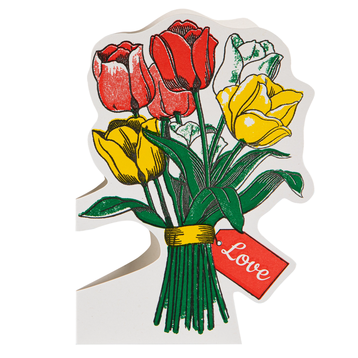 Archivist cut-out card: a bunch of red and yellow tulips with a 'Love' tag