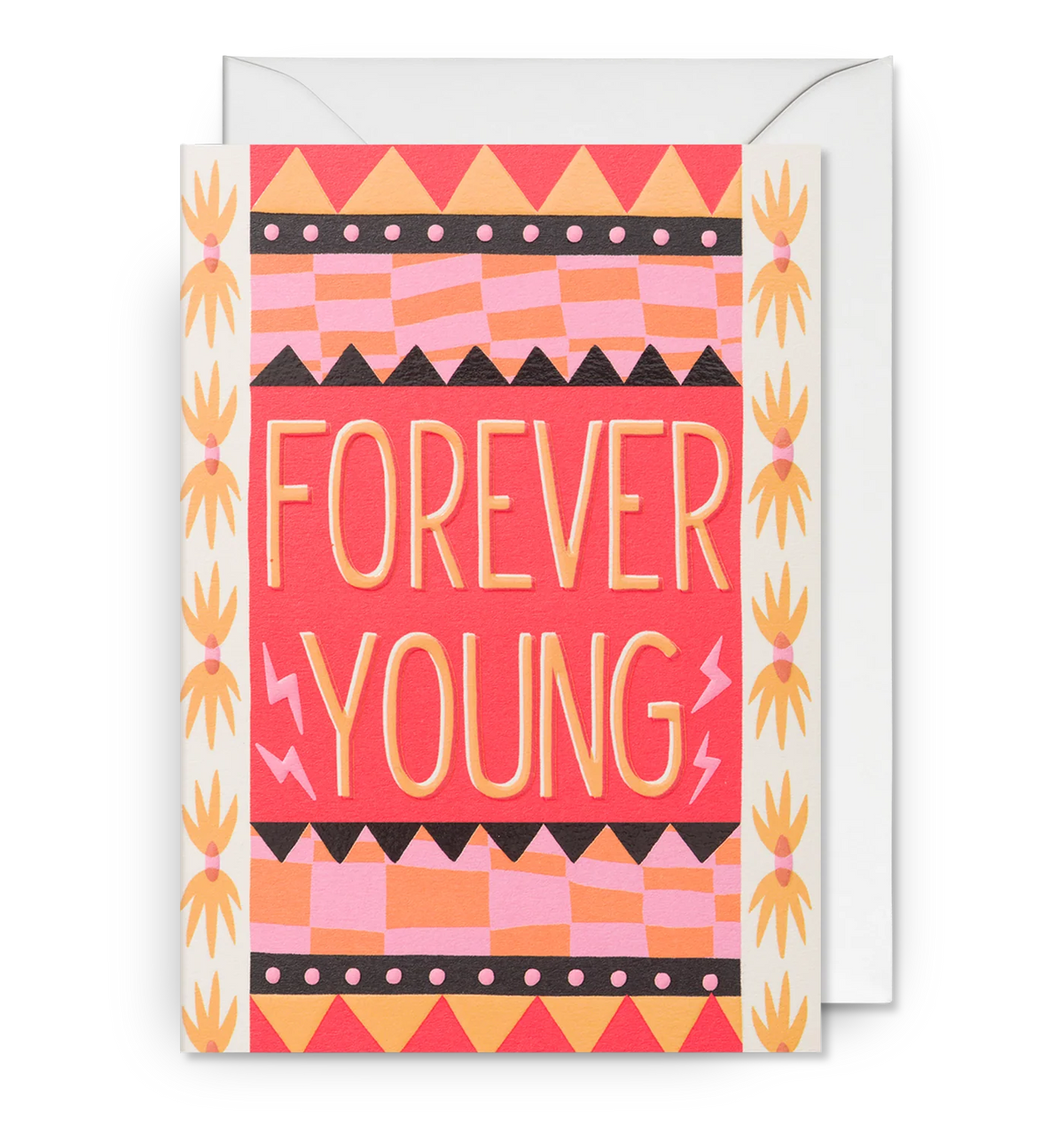 Lagom card with bold patterned lettering on pink and orange: 'Forever young'