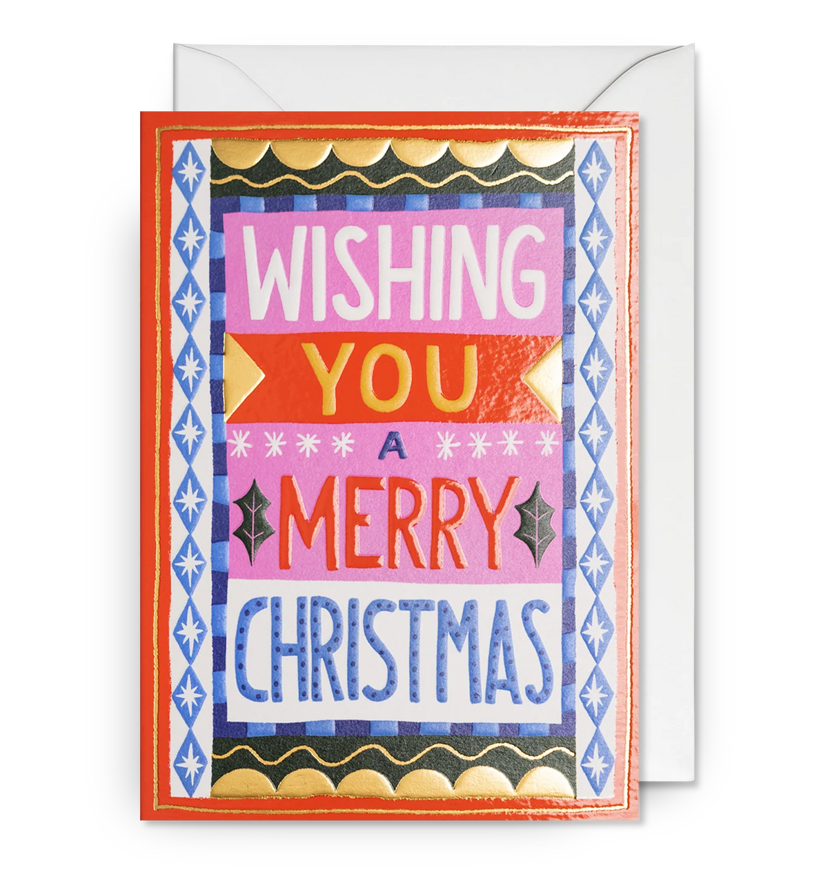 Ruby Taylor card for Lagom: 'Wishing you a merry Christmas' in bright patterned lettering