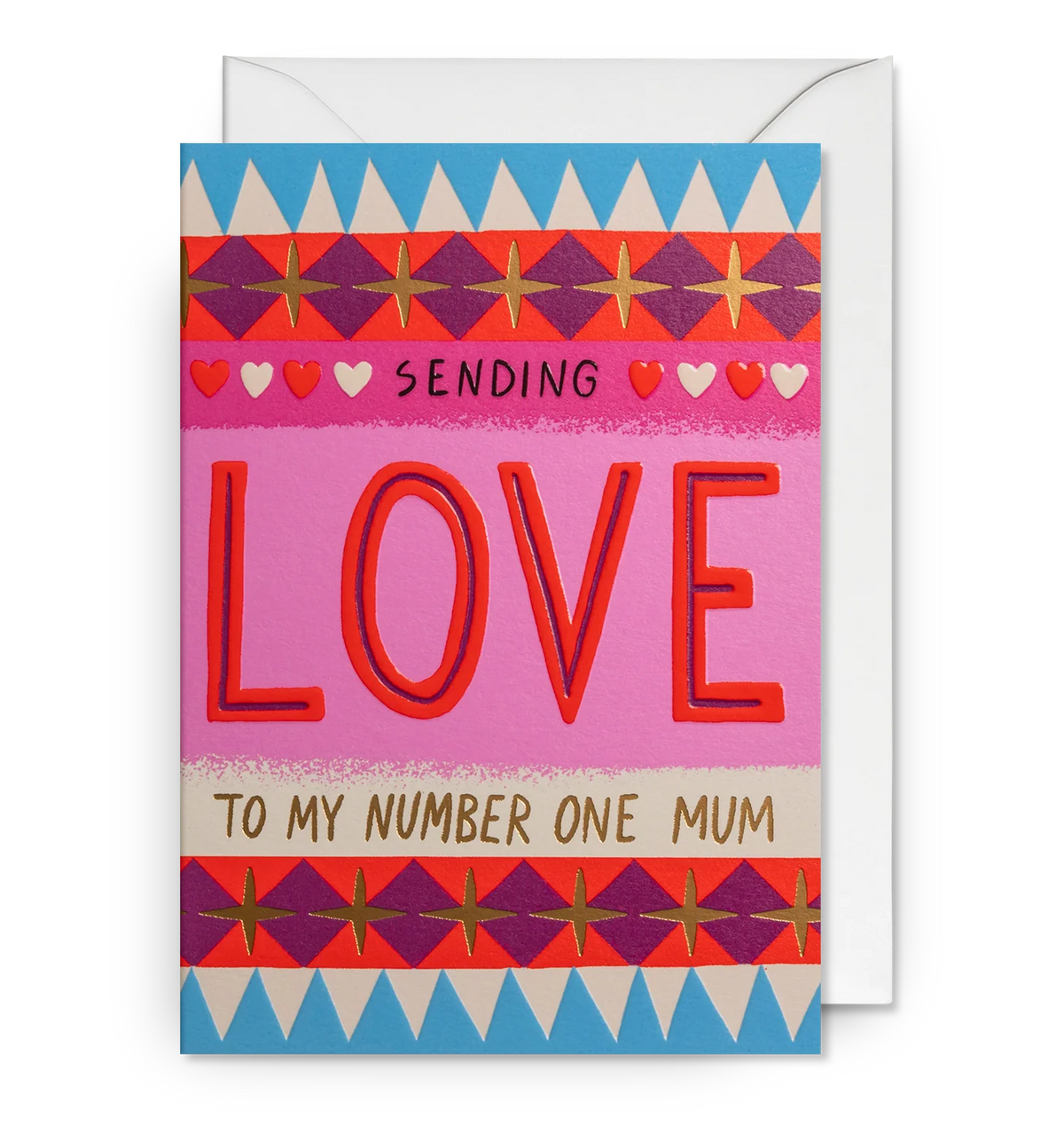 Lagom card in pink and red patterned bands: 'Sending love to my number one mum'