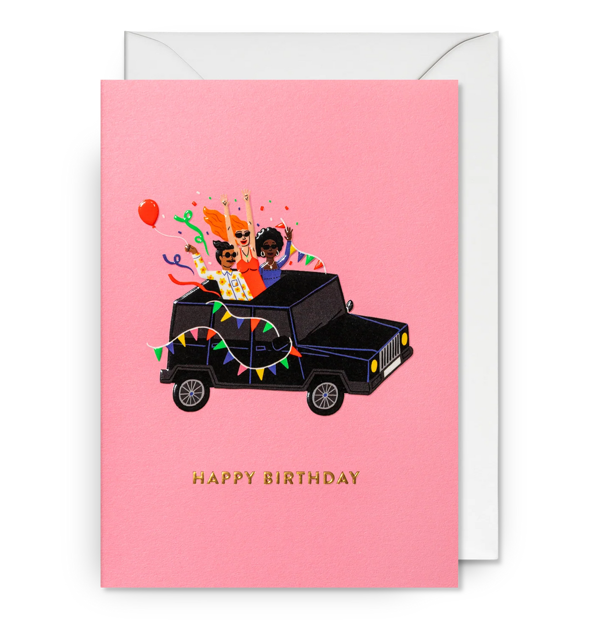 Lagom card: friends partying in a black jeep with bunting and balloons, with gold 'Happy birthday' on pink