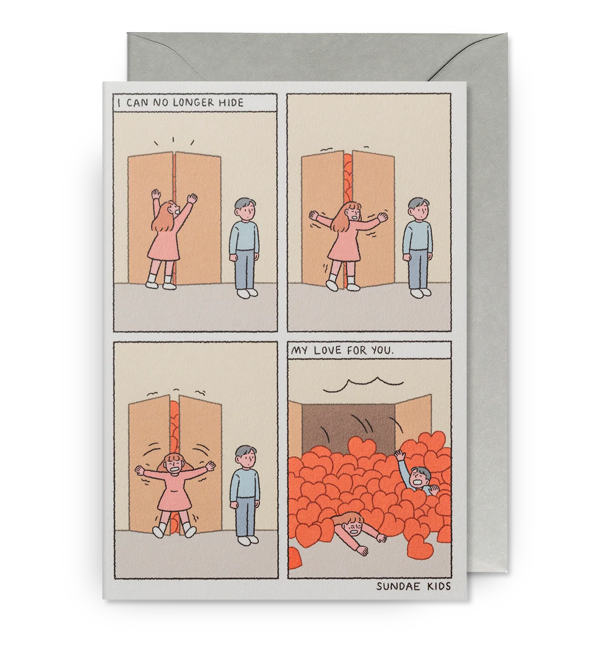 Sundae Kids card: a comic strip ending with an avalanche of red hearts, with 'I can no longer hide my love for you'