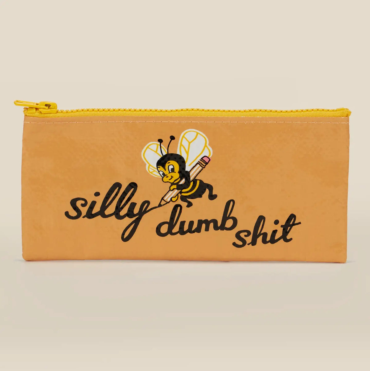 Blue Q pencil case: a bee with a pencil, with 'Silly dumb shit' on tan