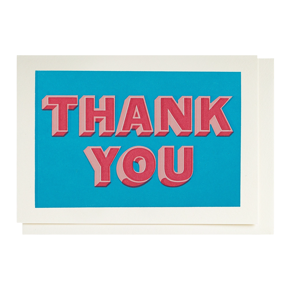 Archivist mini card: 'Thank you' in pink and red letters on blue