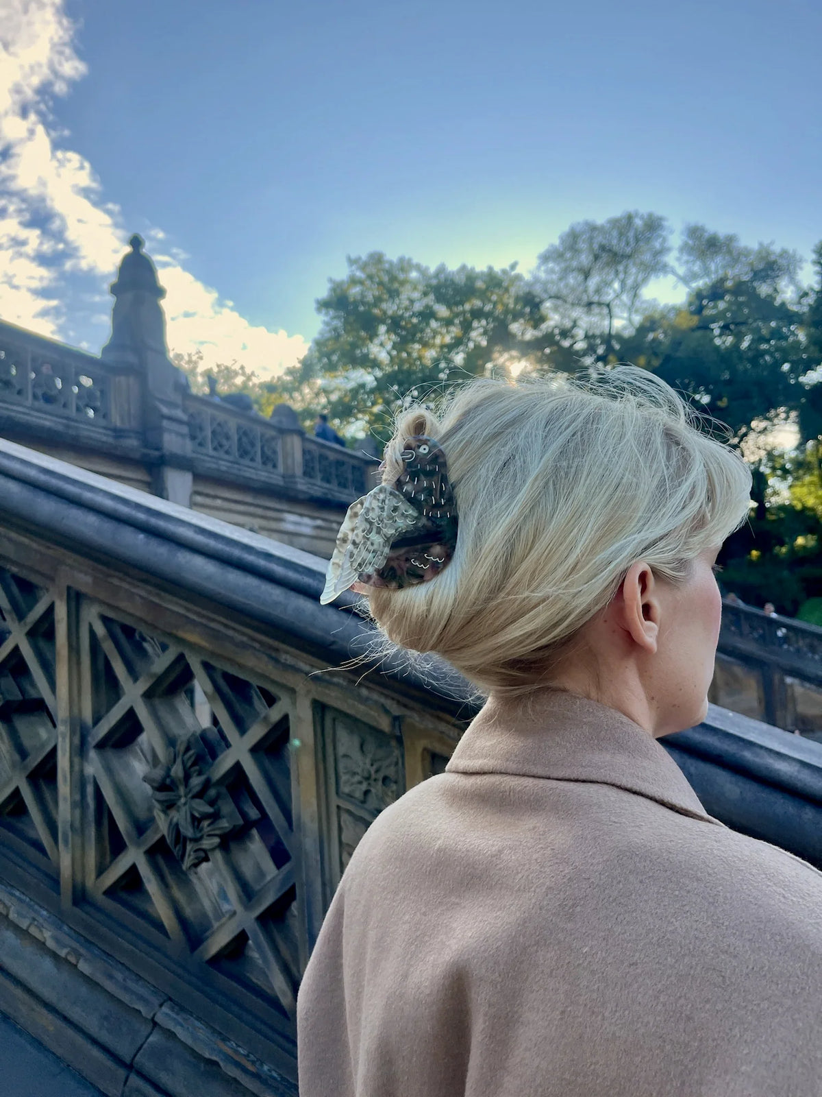 Woman wearing the pigeon clip in blonde hair