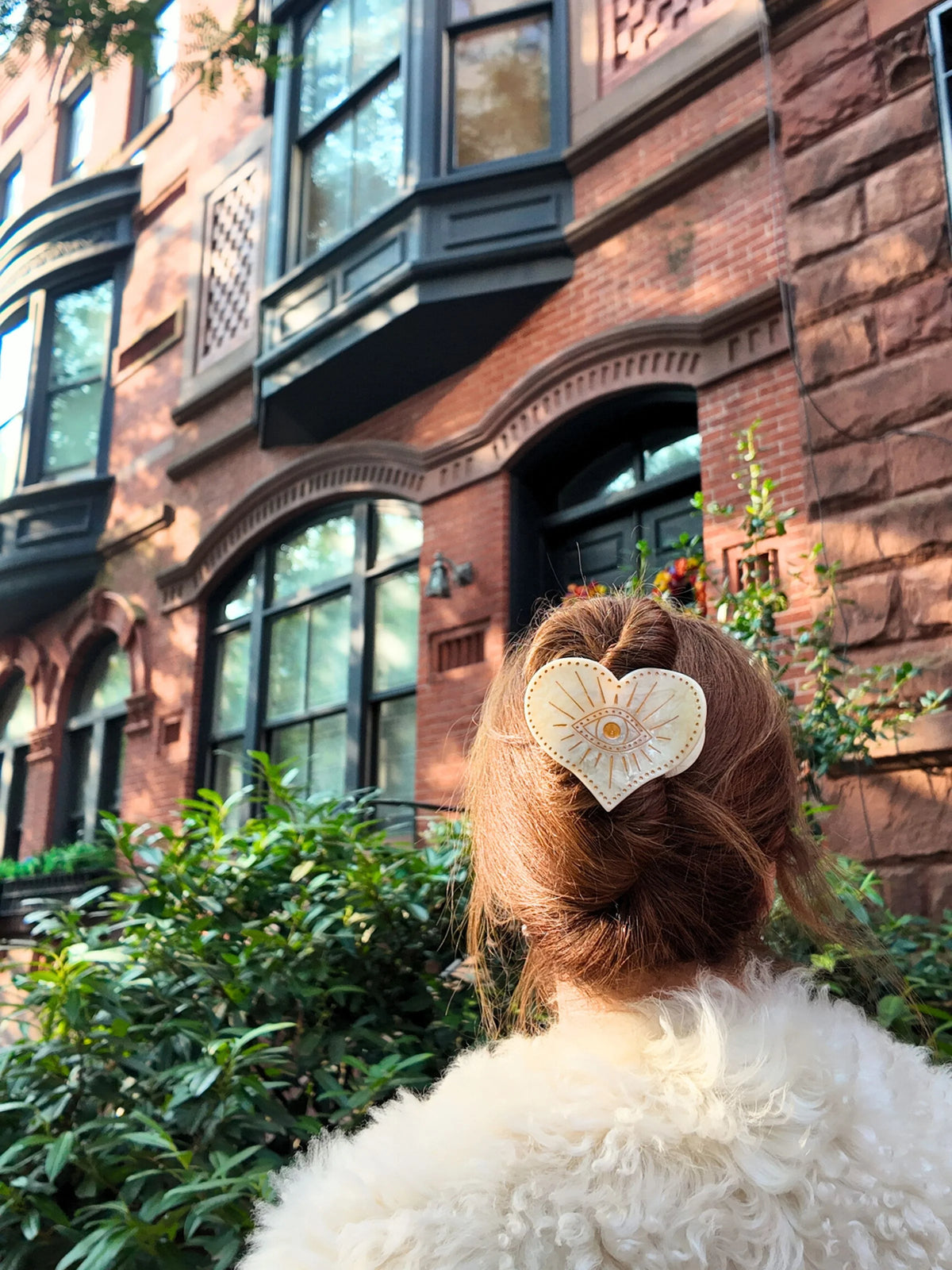 Celestial heart clip in auburn hair