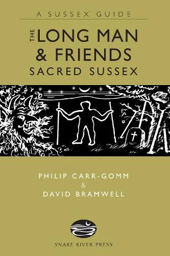 The Long Man & Friends: Sacred Sussex book cover, olive green with a black and white woodcut of the Long Man of Wilmington