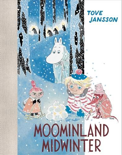 Moominland Midwinter by Tove Jansson book cover with Moomintroll and Little My in the snow